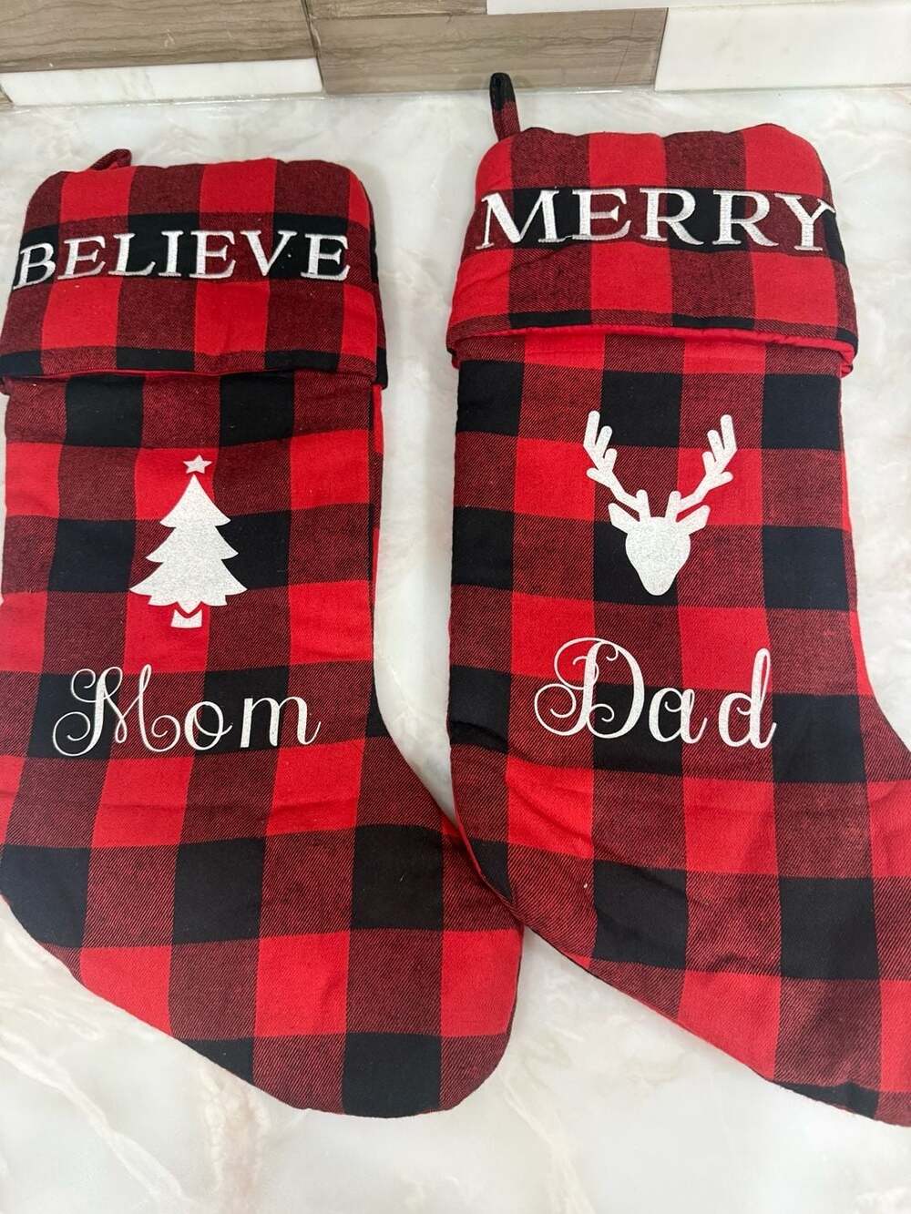 Red Black Buffalo Plaid Mom And Dad Christmas Stockings Set